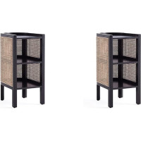 Manhattan Comfort s Versailles Rattan Bedside Table Side Table for Living Room, Bedroom, Study and Home Office with 2 Shelves, Set of 2, Black/Natural