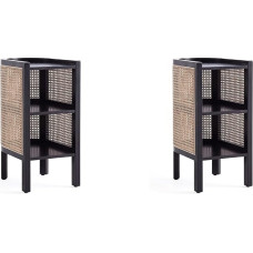 Manhattan Comfort s Versailles Rattan Bedside Table Side Table for Living Room, Bedroom, Study and Home Office with 2 Shelves, Set of 2, Black/Natural
