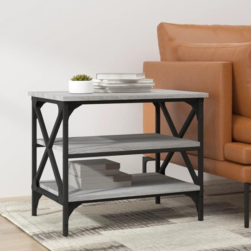 Tino Tech Coffee Table in Living Room Grey Sonoma 55 x 38 x 45 cm Wood Material Frame in Industrial Style Side Table Space for Drinks, Snacks and Some Decorative Items Multifunctional Table