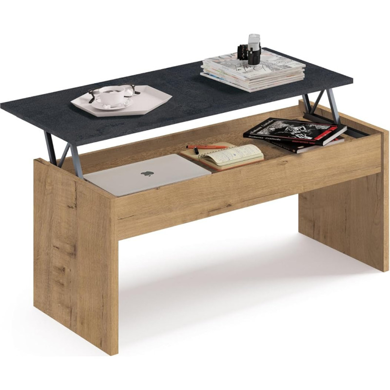 Muebles Pitarch Height-adjustable coffee table, living room coffee table, dining room side table, oak gold, 47 x 100 x 50 cm (closed) 58 x 100 x 50 cm (open), low table for sofa, model Oslo