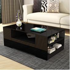 Coffee Table with Storage Space - High Gloss Rectangular Centre Table for Living Room, 2 Drawers and 5 Open Shelves, Home Office Furniture 95 x 55 x 37 cm (Black)