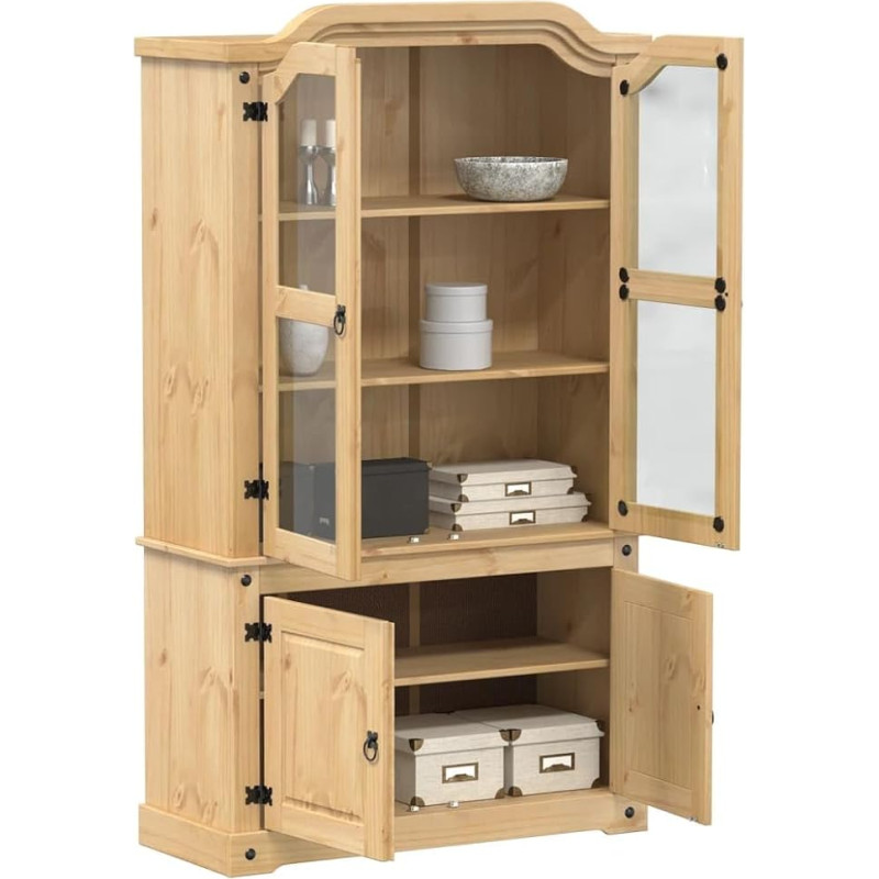 Willood Corona Showcase 103.5 x 42 x 180 cm, Display Cabinet with Glass Doors, Metal Handles, Glass Display Case for Living Room, Tall Cabinet, Bookcase, Solid Pine Wood