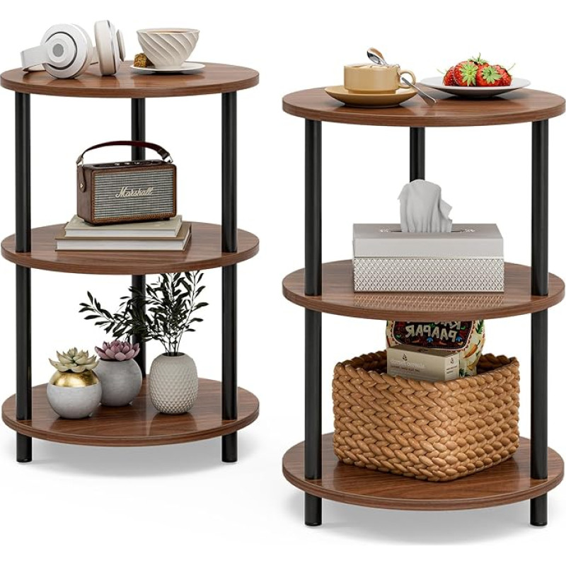 XBurmo Kleiner runder Beistelltisch – Akzenttisch mit 3 Etagen, schmaler Seiten- oder Nachttisch, industrieller Vintage-Nachttisch für Schlafzimmer, Wohnzimmer oder kleine Räume, 2er-Set, rustikales