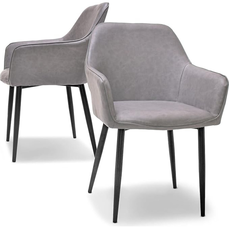 Milano Designer Leather Chairs Upholstered Charcoal Grey Set of 2 Dining Chairs Office Chairs Study Seat with Faux Leather Armrests
