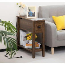 LUSUOWLZ Beistelltisch mit beweglicher Platte und Ladestation, schmaler Beistelltisch mit Aufbewahrungsschrank und USB, Sofatisch für Wohnzimmer Schlafzimmer