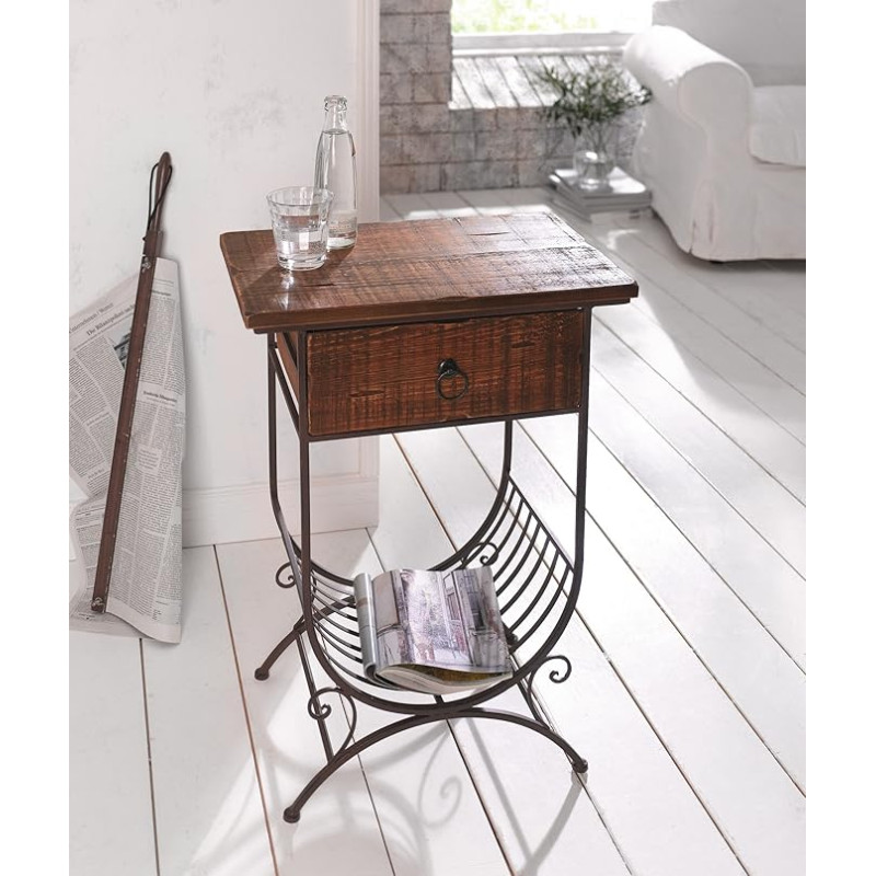 Dekoleidenschaft Country Style Wooden & Metal Side Table in Antique Design, Telephone Table with Drawer and Newspaper Shelf, Console Table in Rustic Shabby Look