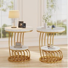 Tribesigns Golden Round Side Table: 2-Tier Side Table Set of 2 with Storage Compartment, Modern Bedside Table in White Gold, Accent Table Made of Imitation Metal Marble for Living Room