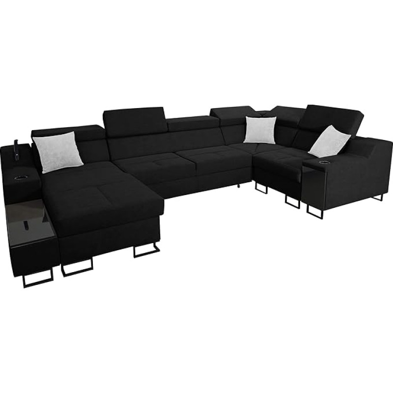 Nadadu IV Mini Corner Sofa with Pull-Out Bed Box, Adjustable Headrests, Lamp with USB Connection, Bar Compartment, U-Shape Upholstered Corner (Uttario Ve. 2980 + Uttario Ve. 2973, Side: Left)