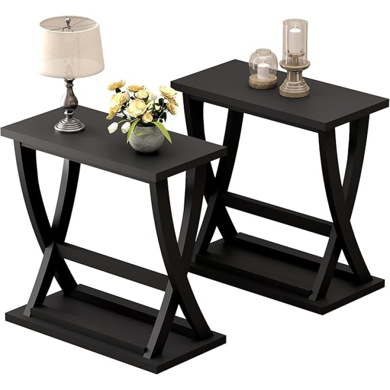 ChooChoo Black Side Table Narrow Side Table with Shelf Modern X Design Narrow Side Table for Living Room Bedroom Small Space, 30 x 60 x 59.4 cm, Black, Pack of 2