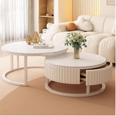 Round Coffee Table White 80 cm Set of 2 with Storage Space Modern Style Sofa Table Coffee Table Living Room Small Easy Assembly for Bedroom (Size : 70 cm/27.5 Inches)