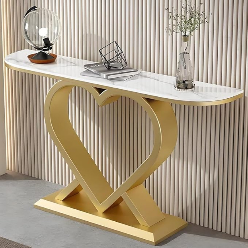 YVYKFZD Long Console Table, Industrial Side Table, Sofa Table, Narrow Hallway Table with Heart-Shaped Metal Base, Accent Entrance Table, for Entrance, Living Room (Gold A, 120 cm / 47.2 inches)