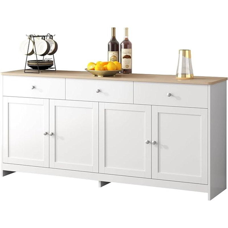 Azkoeesy 160 cm Sideboard Buffet Chest of Drawers with 3 Drawers and Doors, for Dining Room and Living Room, White and Wood Effect