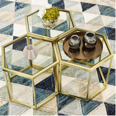 LUGSHIREE Golden Glass Coffee Table Modern Coffee Table Hexagonal Combination Glass Center Table Small Side Tables with Metal Frame for Living Room Set of 3