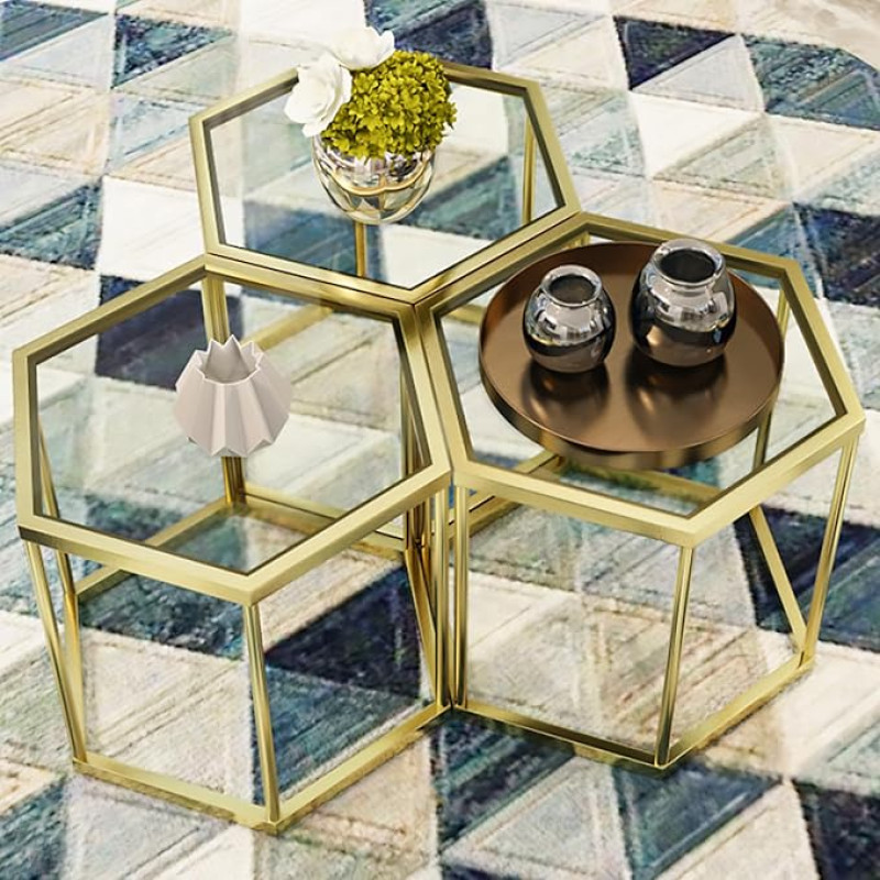 LUGSHIREE Golden Glass Coffee Table Modern Coffee Table Hexagonal Combination Glass Center Table Small Side Tables with Metal Frame for Living Room Set of 3
