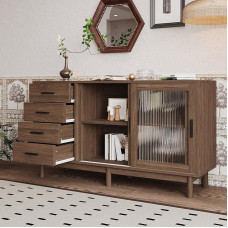 Moimhear Stylish Walnut-Coloured Chipboard Sideboard with Glass Display Case - 4 Glass Doors with Vertical Stripes, Living Room Sideboard, Corner Cabinet (2 Glass Doors, 140 x 40 x 75.8 cm)