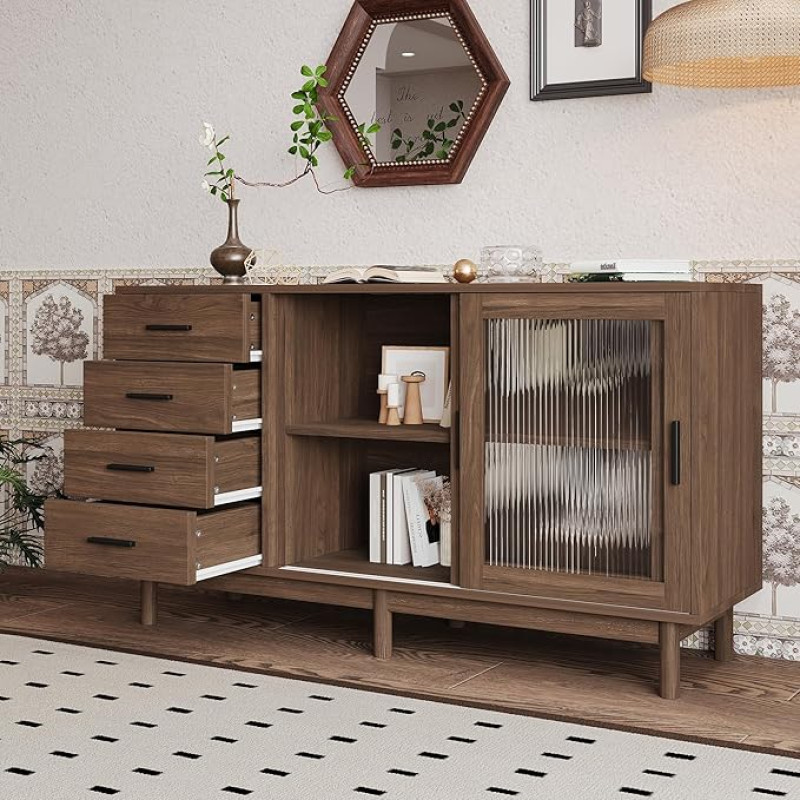 Moimhear Stylish Walnut-Coloured Chipboard Sideboard with Glass Display Case - 4 Glass Doors with Vertical Stripes, Living Room Sideboard, Corner Cabinet (2 Glass Doors, 140 x 40 x 75.8 cm)