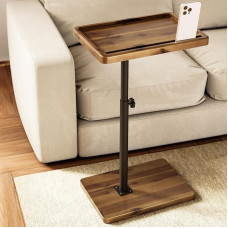 HOLANA Acacia Wood Adjustable C-shaped Coffee Table - 360° Rotating Side Table for Sofa - Small Side Table for iPad, Laptop or TV Tray - Dining Trays for Living Room or Bedside Table