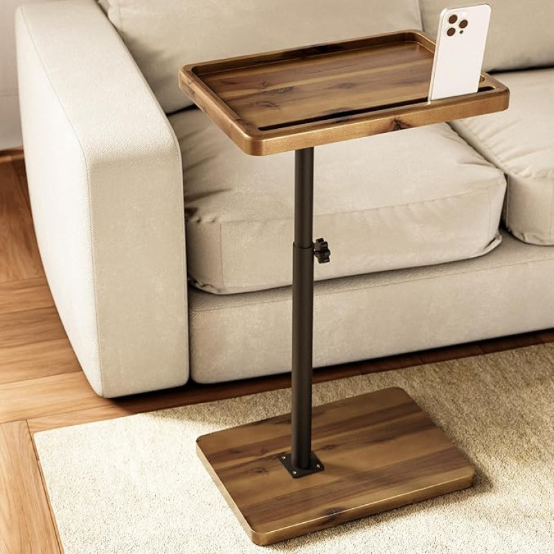 HOLANA Acacia Wood Adjustable C-shaped Coffee Table - 360° Rotating Side Table for Sofa - Small Side Table for iPad, Laptop or TV Tray - Dining Trays for Living Room or Bedside Table