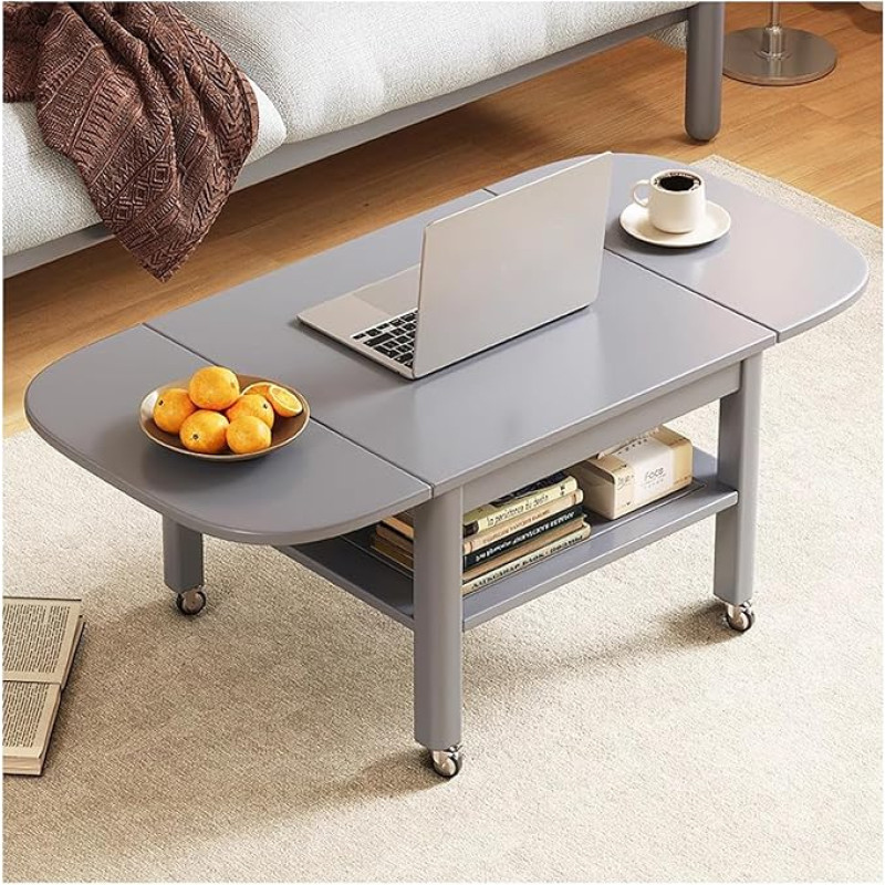 47 Zoll Faltbarer ovaler Couchtisch für Wohnzimmer, Beistelltisch mit Rollen, Esstisch und offenes Regal, Terrasse und Esszimmer,Grau