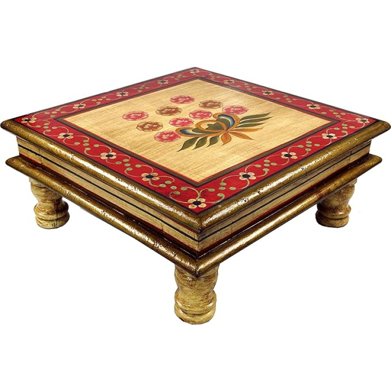 Guru-Shop Painted Small Table, Mini Table, Flower Bench - Water Lily Green/Red, 16 x 38 x 38 cm, Coffee Tables & Floor Table