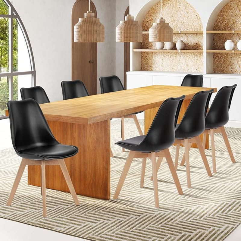 Sweetcrispy Esszimmerstühle 8er Set Küchenzimmer PU Leder Mitte Jahrhundert Moderne Stühle Gepolsterter Esszimmerstuhl Schreibtischstühle mit Holzbeinen für Zuhause Küche Schwarz
