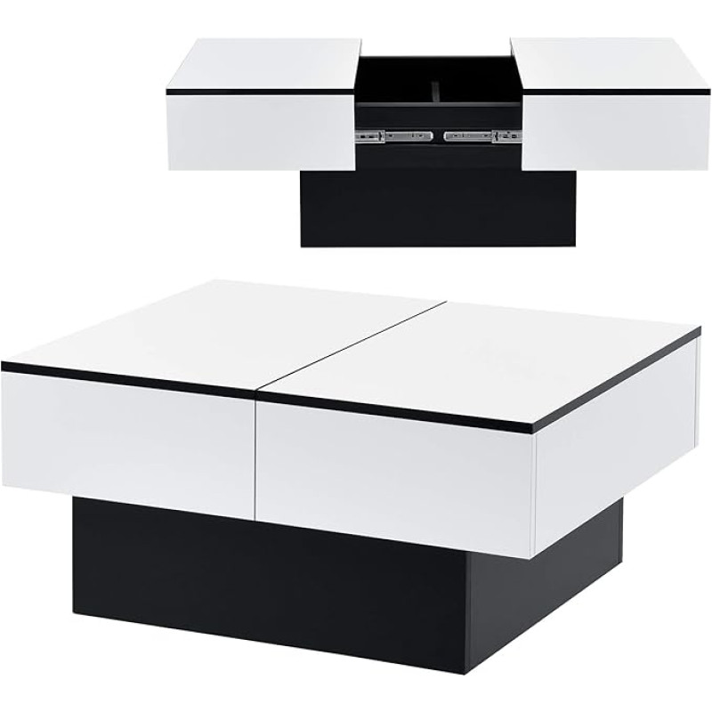 [en.casa] Coffee table with 2 integrated storage compartments, pull-up table top, living room table with chest function, coffee table, sofa table, black/white