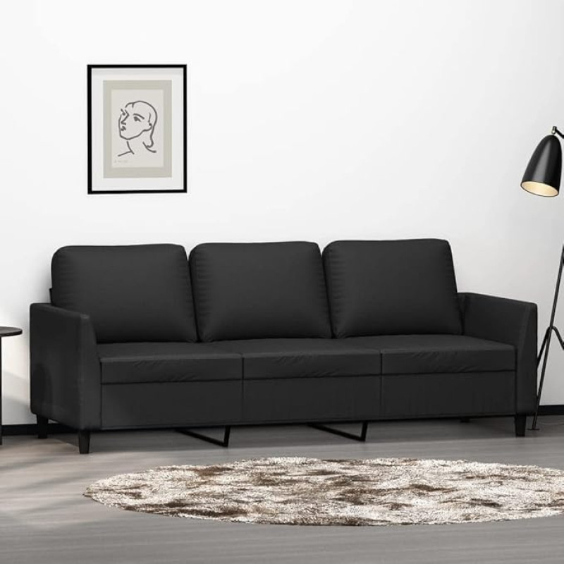 Chaduof 359338 3-Seater Sofa Black 180 cm Faux Leather, Sofas & Couches, Sofa Living Room, Sofa for Teenager's Room, Relax Sofa, Sofa for Bedroom, Upholstered Sofa