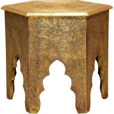 Casa Moro Targa Oriental Side Table Height 46 x Diameter 46 cm Wooden Table Complete with Brass Inlay Covered in Antique Gold Look | Pure Crafts | MA77-345