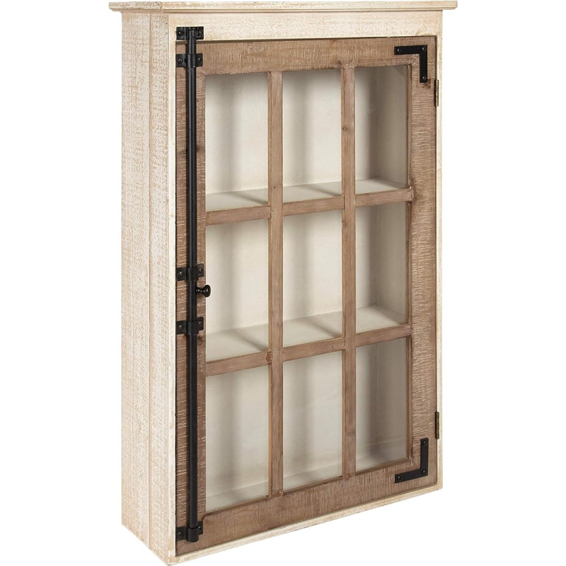 Kate and Laurel Hutchins Farmhouse Wooden Wall Cabinet with Window Pane, Glass Door, Rustic and White Washed Finish, 80cm High x 49.5cm Wide x 15.2cm Deep