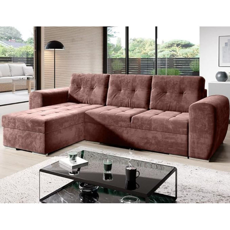 MODERNO BARI Corner Sofa with Sleep Function, Sofa with 3 Seats, L-Shape Sofa Bed, Modern Couch, Sofa Bed with Quilting, 256 x 157 x 85 cm, Pink, Monolith 63