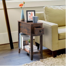 LUSUOWLZ Brown Side Table for Chair, Slim Solid Wood Side Table with Drawer, Narrow Bedside Table for Living Room, Bedroom