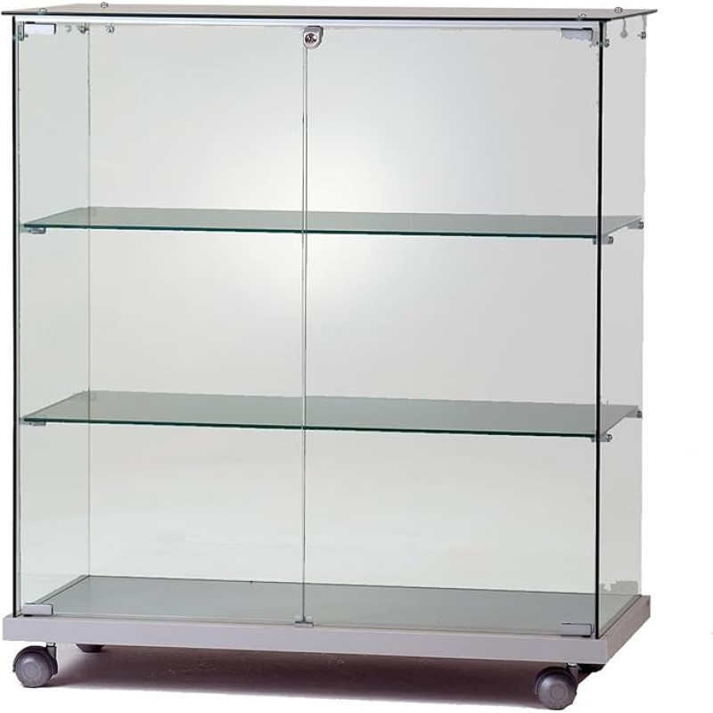MHN Half-Height Glass Display Case without Frame D 40 x W 80 x H 90 cm Wide Counter Display Cabinet Glass Lockable Flat Aluminium Glass Sales Display Case without Lighting