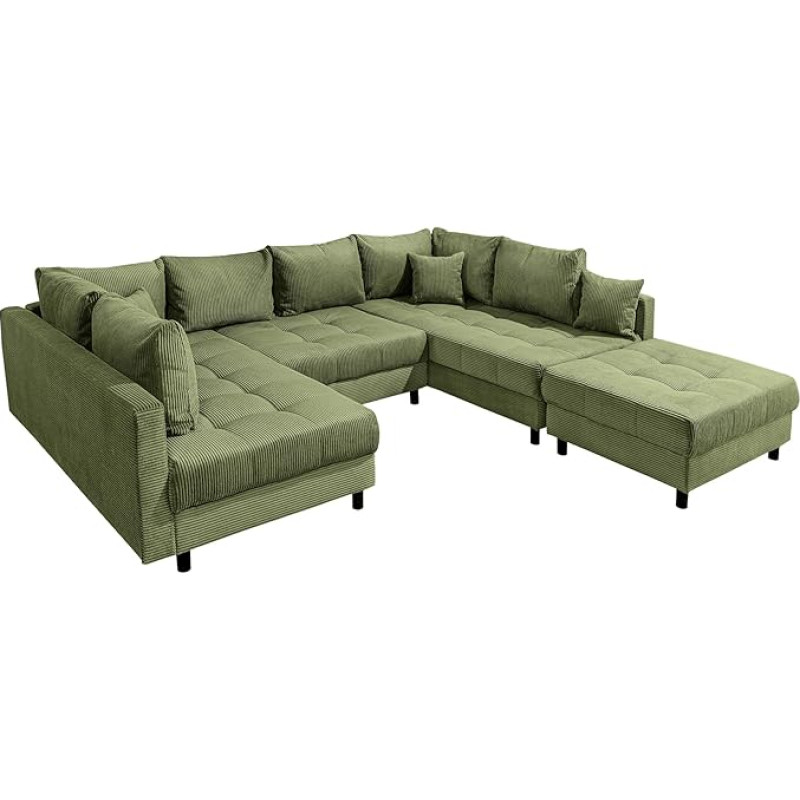 Riess Ambiente Modern XXL Living Area Kent 305 cm Green Cord Big Sofa Including Stool with Spring Core Couch