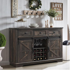 OKD Wine Bar Cabinet with Sliding Doors, Farmhouse Sideboard and Buffet Cabinet with Wine Rack and Glass Hanging, Liquor Cabinet Bar for Home, Living Room, Dining Room, Kitchen (Dark Rustic Oak)