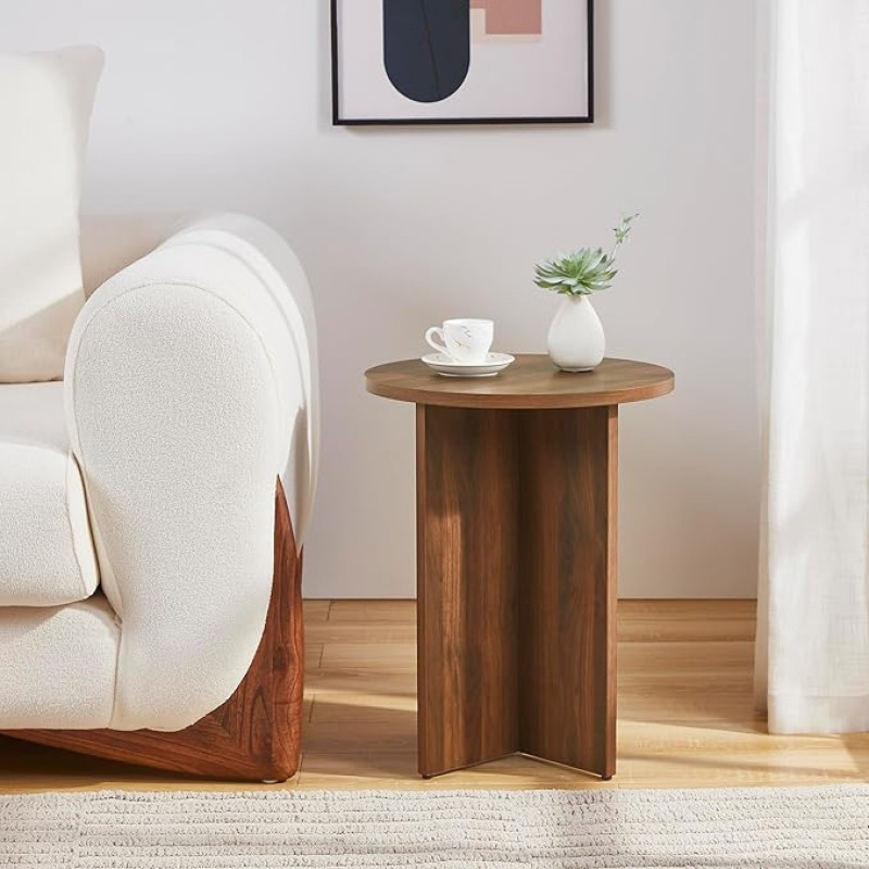H-OFMEMBER Erious Round Accent Side Table, Walnut Wood Drinks Table, Pedestal, Small Side Table for Living Room, Bedroom, Small Space