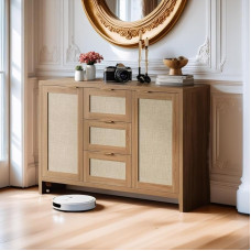 Modern Rattan Buffet Cabinet with Storage 120cm Boho Credenza Buffet Console Table with Drawers and Doors, Wooden Coffee Bar Cabinet for Entryway/Living Room/Farmhouse (Natural Oak)