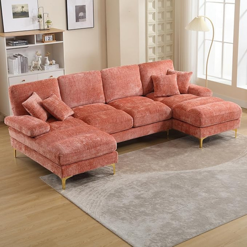 A ALFRESCOOL Odernes Large Chenille U-Shape Sectional Sofa with Double Reclining Seats for Living Room Bedroom Office Apartment Villa Living Room Home by Fireplace (Pink)