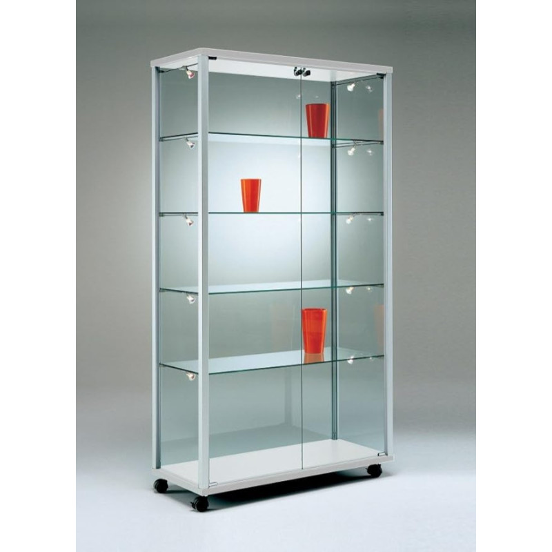 MHN Glass Display Cabinet with Wheels D 43 x W 79 x H 183.5 cm - Wide Glass Standing Display Cabinet Lockable - Exhibition Display Cabinet without Lighting