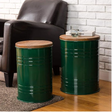 Glitzhome Side Table with Storage Space, Farmhouse Side Tables with Lid, Metal Barrel, Rustic Accent Stools for Living Room, Bedroom, Office, Green, 2 Pack