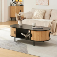 [en.casa] Tvedestrand Coffee Table with 2 Sliding Doors with Metal Legs, Sofa Table with Storage Space, 120 x 55 x 40 cm, Natural/Black