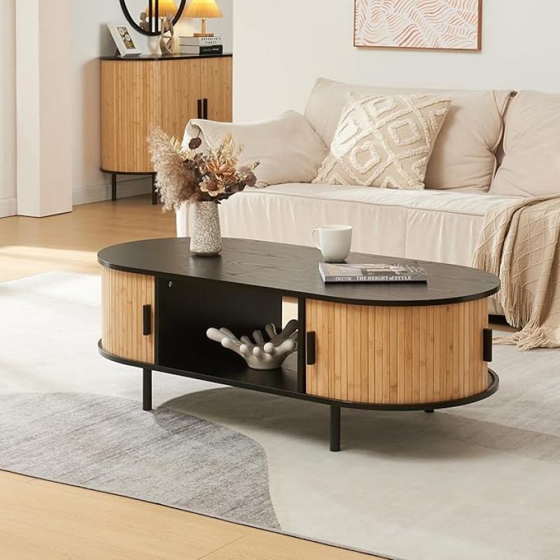 [en.casa] Tvedestrand Coffee Table with 2 Sliding Doors with Metal Legs, Sofa Table with Storage Space, 120 x 55 x 40 cm, Natural/Black
