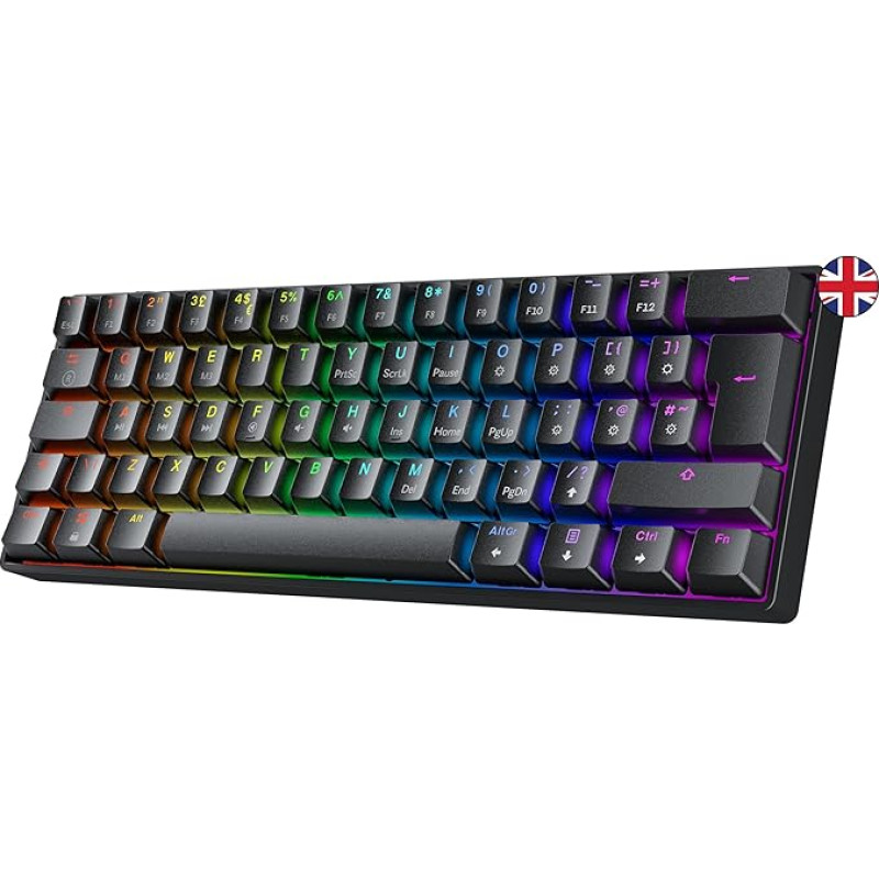 GK61 Hot-Swap Mechanical Gaming Keyboard - 62 Keys Multicoloured RGB LED Backlight for PC/Mac Players Tactile - ISO UK Layout (Gateron Optical Brown)