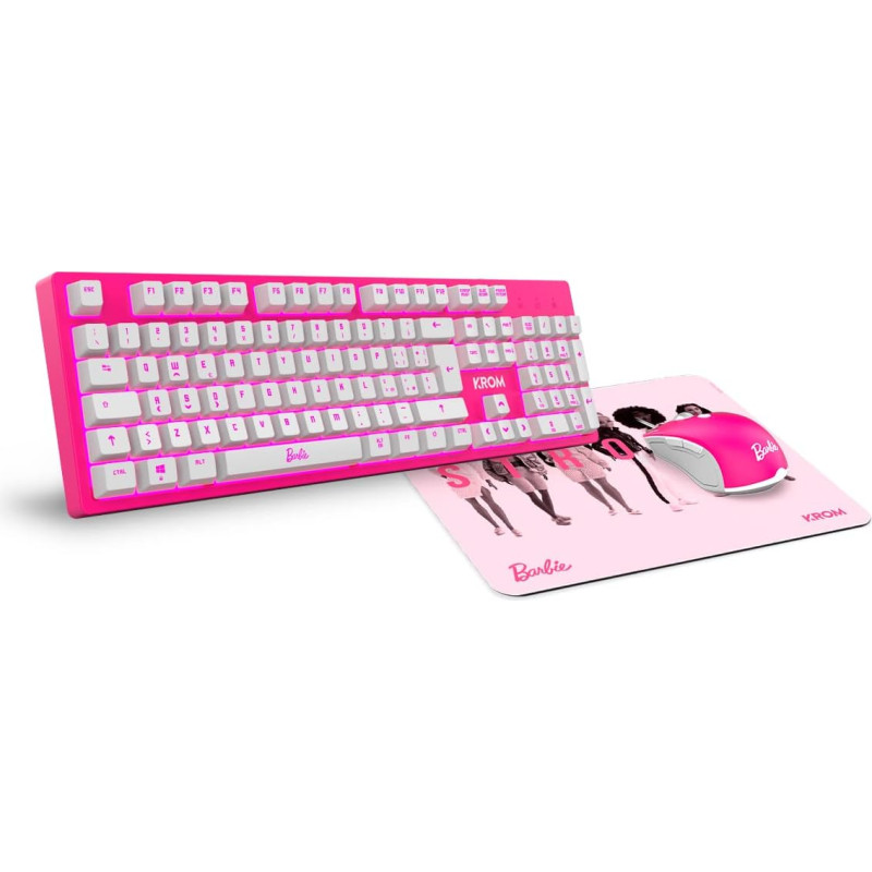 KROM Barbie Edition Kandy Mouse and Mouse Mat - White LED Membrane Keyboard, Mouse Optical Sensor 6400 DPI Mouse Mat with Rubber Base, Italian Layout, Pink
