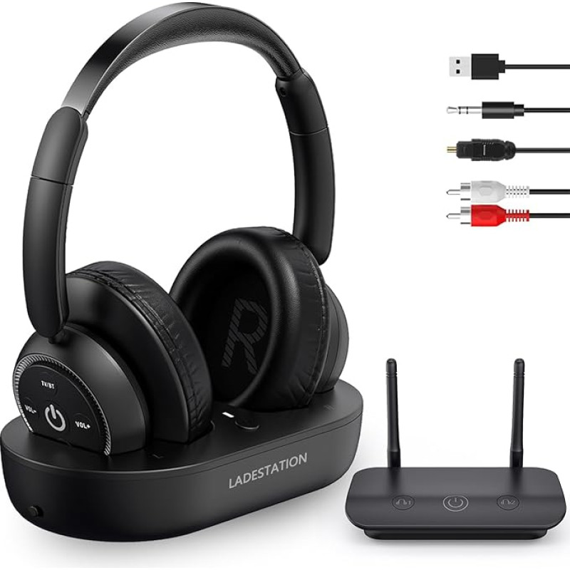 LETSACTIV juhtmevabad kõrvaklapid teleri jaoks, juhtmevabad teleri kõrvaklapid koos teleri saatja laadimisjaamaga eakatele, ei ole heli viivitus, sobib eakatele või vanematele, must