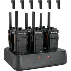 Retevis RB637 Bluetooth raadio, PMR446 tasuta Walkie Talkies traadita Bluetooth peakomplektiga, 2000mAh, VOX, kahesuunaline raadio koos 6-suunalise laadijaga restorani, hotelli jaoks (6 tk, must)