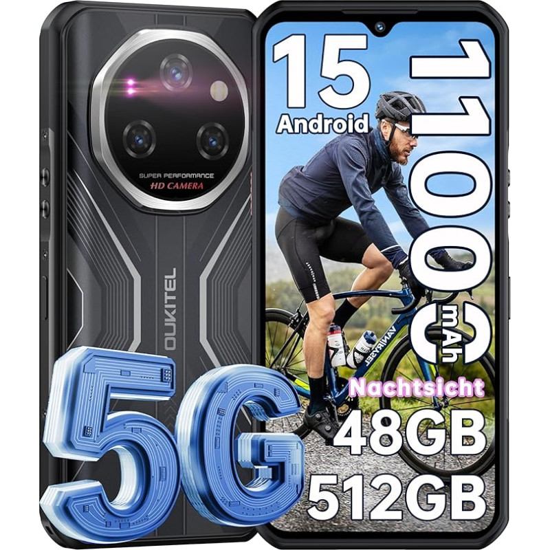 OUKITEL WP55 Pro 5G Android 15 väljas mobiiltelefon - 48GB + 512GB (2TB) 108MP + 32MP + 8MP öövaatluskaamera 11000mAh/33W väljas nutitelefon 6,6-tolline FHD + 120Hz ehitusplatsil mobiiltelefon Dual