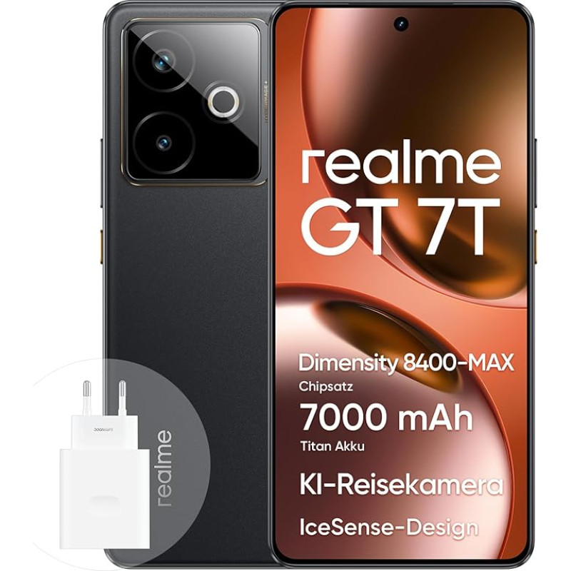 realme GT 7T nutitelefon 5G 12+512 GB, Dimensity 8400-MAX kiibistik, 7000 mAh aku, 6,78-tolline 1,5K 120Hz ekraan, AI Travel Snap kaamera, IP69, IceSense Black