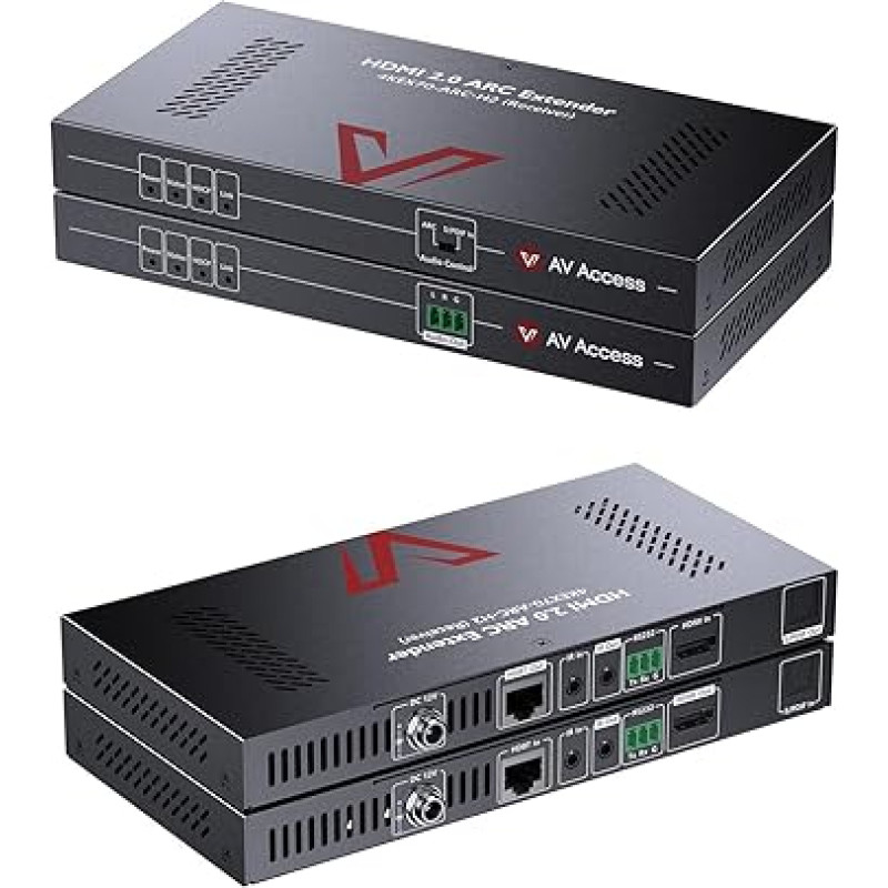 AV Access 4K ARC HDMI Extender (HDBaseT) kuni 70 m/230 ft, UHD 4K @ 60Hz koos HDR10 ja 3D efektiga, S/PDIF audio, audio tagasikanal, EDID juhtimine, HDCP 2.2, 2-Way PoC + IR + RS232, üle Cat 5e/