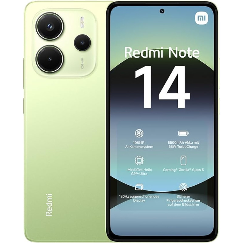 Xiaomi Redmi Note 14 nutitelefon, 6+128GB, roheline, 108MP AI kaamerasüsteem, 5500mAh aku, 120Hz Eye Care ekraan, AI funktsioonid (laadijat ei ole kaasas), 2-aastane garantii