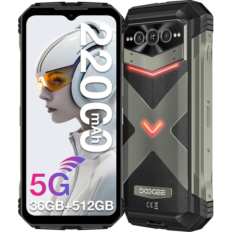 DOOGEE VMAX Plus välitingimustes kasutatav mobiiltelefon ilma lepinguta 5G, 512GB ROM 36GB RAM 22000mAh 6,58-tolline FHD + 120Hz välitingimustes kasutatav nutitelefon Android 14, 200MP + 32MP + 20MP öövaatluskaamera Dual SIM/WiFi 6